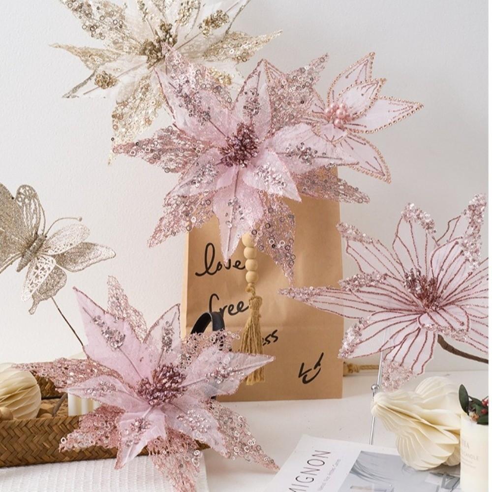Glitter Artificial Poinsettia Flower Pink Sequins Flower  Christmas Decoration