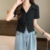 Large Size Shoulder Polo Collar Short-sleeved T-shirt Women's Summer Fat Mm Thin Loose Irregular Bow Short Top