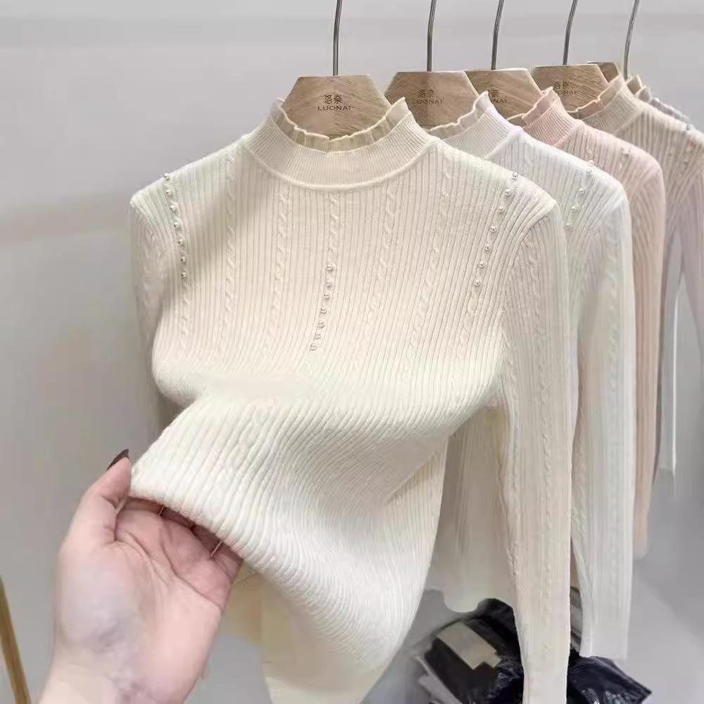 Lace Semi-turtleneck Bottoming Shirt Women's Autumn and Winter Inner Twist Pearl Chic Top Knitted Sweater Women's Long-sleeved Slim-fit