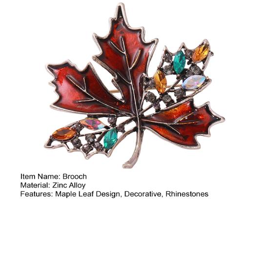 Brooch Pin Autumn Maple Leaf Design Zinc Alloy Pin with Rhinestone Inlay Suits Coats Sweaters Badge Formal Wear Accessory