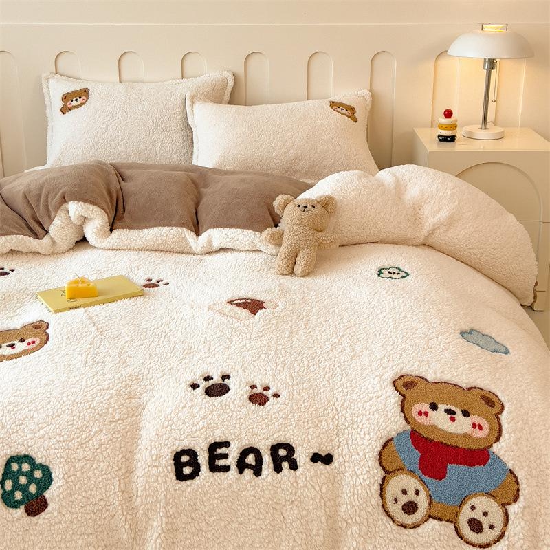 Cartoon Lamb Wool Four-Piece Set Thickened Milk Fleece Quilt Cover Coral Fleece Bedding Fleece Sheets
