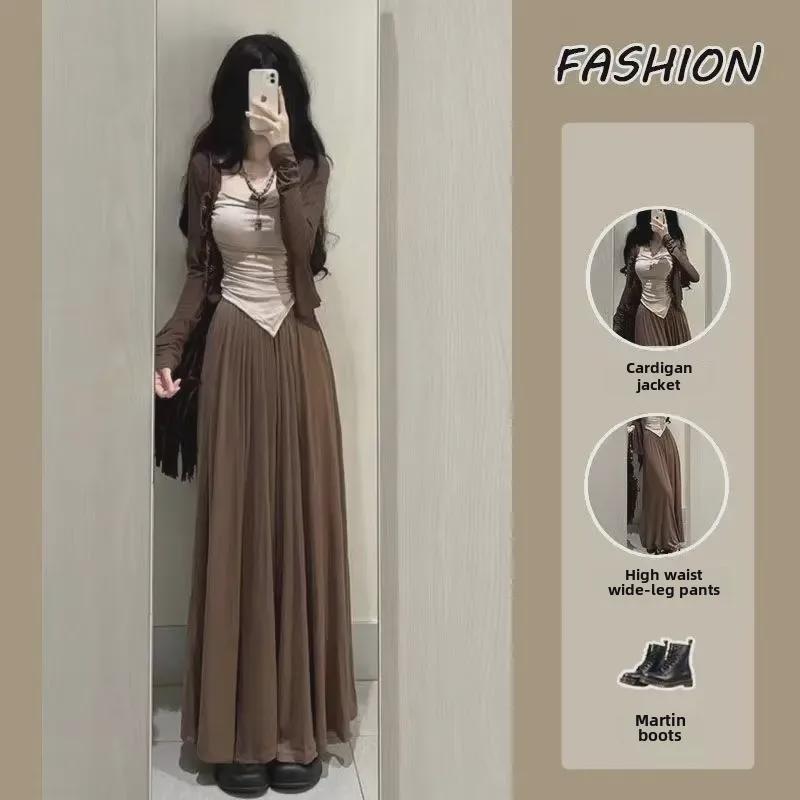 Traje de tres piezas para mujer: Otoño 2025 Estilo Puro Deseo - Cárdigan de Manga Larga, Chaleco de Tirantes y Pantalones de Pierna Ancha.