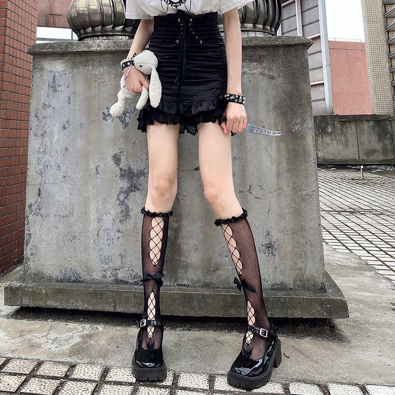 Black Over-the-Knee Lace Socks with Tie-Up Straps