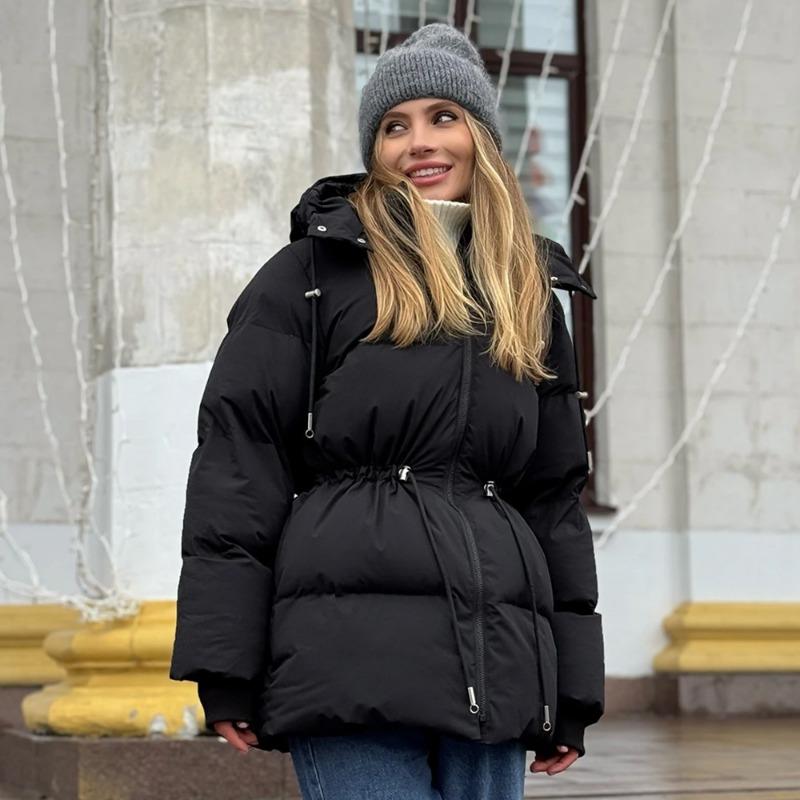 Women S Hooded Drawstring Cinched Waist Mid Length Thick Padded Winter Coat
