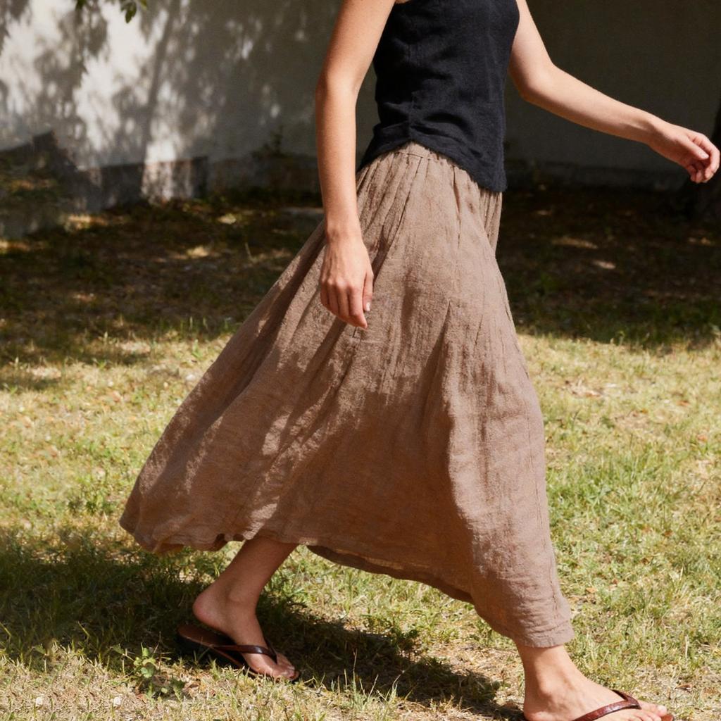 Johnature Women Skirts Summer Chinese Style Elastic Waist Solid Color Soft Female Loose A-Line Skirts