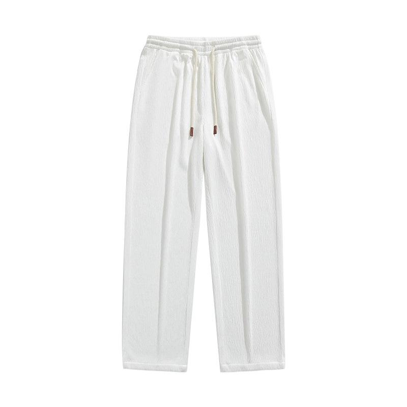Men's White Textured Wide Leg Pants - Drawstring Waist Lightweight Casual Streetwear Trousers