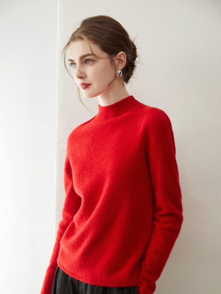 Women's 100% Pure Cashmere Rolled Hem Sweater, Half-High Neck, Autumn/Winter Knit Base Layer