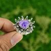 Natural Russian Charoite Gemstone Stackable Flower Adjustable Ring 925 Silver