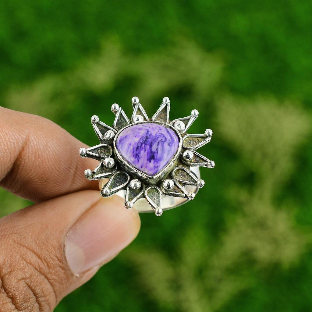 Natural Russian Charoite Gemstone Stackable Flower Adjustable Ring 925 Silver