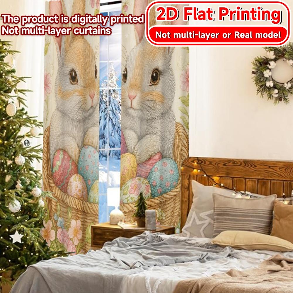 Set Of 2 Minimalist Flat Printing Easter Basket Bunnies Chic Curtains Fabric Outdoor Decorations Living Room Curtain Polyester Ideal For Sitting
