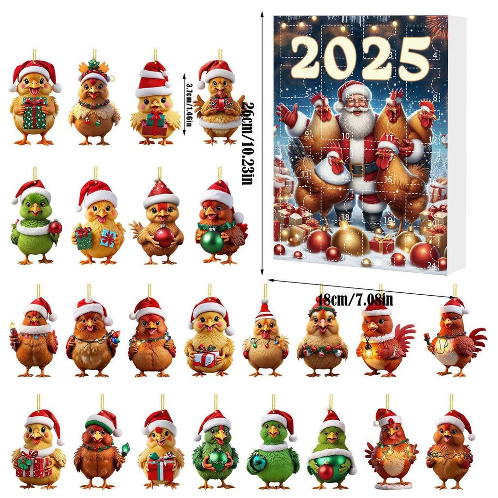Christmas Ornament Advent 2D Acrylic Cute Chick Pendants 2025 24-Day Countdown Calendar Animal Charm Pendant for Christmas Tree