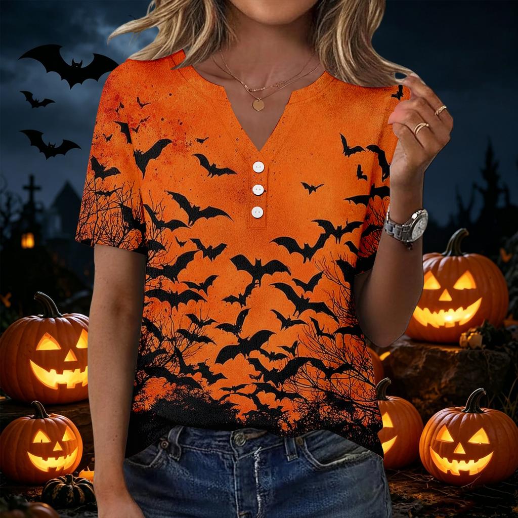 Women's Casual V Neck Button Front Top Halloween Print Short Sleeve Relaxed Fit Blouse Lightweight Breathable Fabric