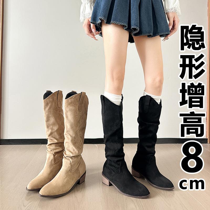 Cowhide version inner height-increasing boots retro thick heel mouth stack boots pointed western cowboy knight boots