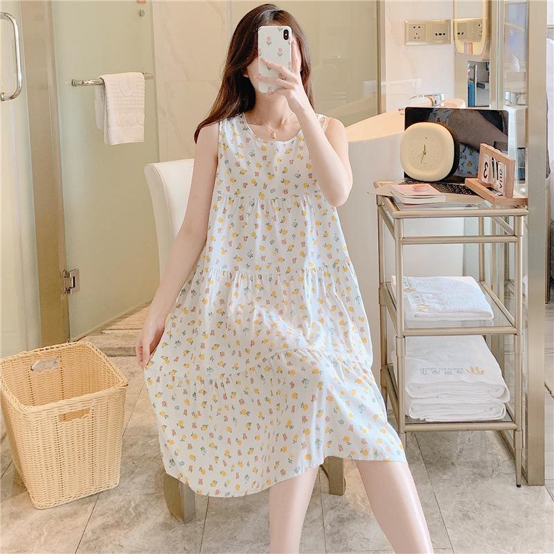 Women's Cotton and Silk Nightgown Summer Thin Internet Celebrity Large Size Printed Pajamas New Sleeveless Loungewear