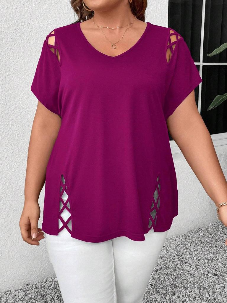 2026 Plus Size V-Neck Cross Strap Hollow Short Sleeve Women's T-shirt