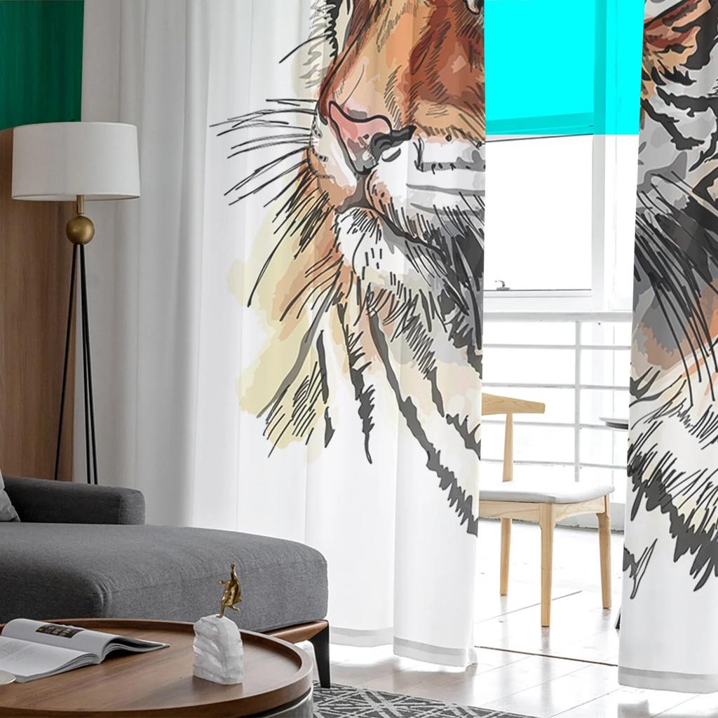 Tiger Watercolor Tulle Curtain Home Office Window Decor Bedroom Kitchen Balcony Modern Sheer Curtain