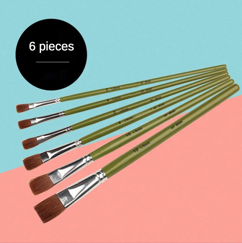 JOWOART 6 Stück Set Wiesel Grün Kurzer Holzstiel Flachkopf Malpinsel Gouache Acrylpinsel Reihenpinsel Schule Bildungsbedarf Kunst