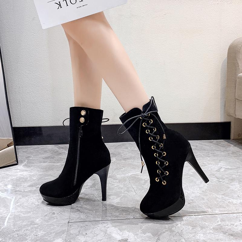Size35-43 Punk Women Ankle Boots Zip Lace Up Pointe Toe High Heel Chelsea Pumps 11cm Wedding Party Woman Shoes High Heels Sexy