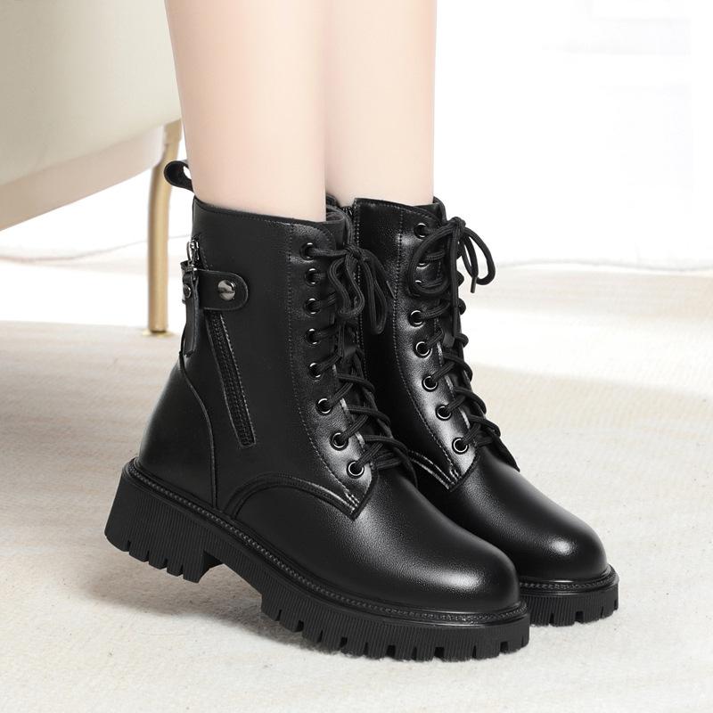 Female Ladies Women Genuine Leather Ankle Boots Wool Snow Boots Platform Autumn Winter Plush Fur Warm Shoes Size Lace Up 35-43