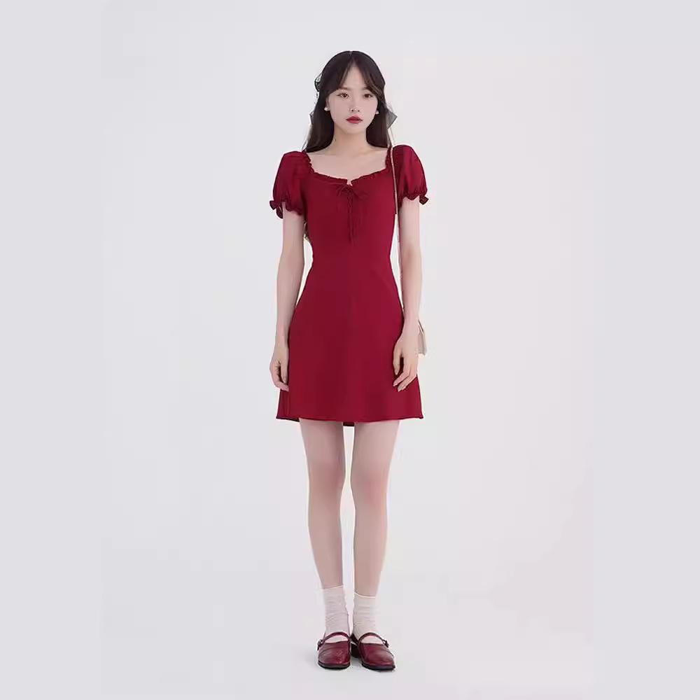 

Square neck bubble sleeve dress women s summer new French design feeling waist and thin red short a-word skirt S красный