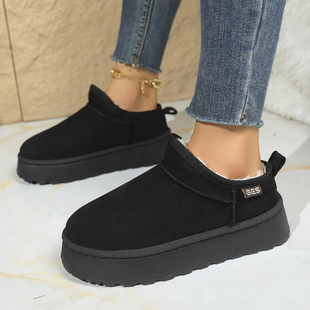 Schneestiefel für Damen 2026 Winter Neu Kaschmir Warm Dicke Sohlen Ohne Absatz Bedecktes Haar Halber Hausschuh Baumwollschuhe für Damen
