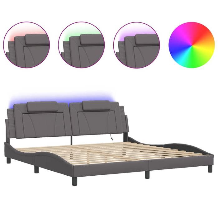 VidaXL Cadre de Lit avec Lumières LED, Lit Rembourré avec Coussin, Lit Double, Lit Adulte Chambre, Moderne, Gris 200x200 cm 3214046