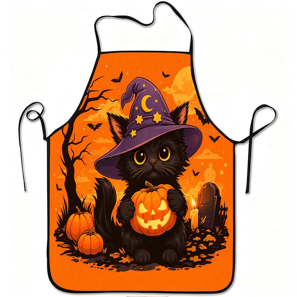 1pc Black Cat Pumpkin Halloween Print Apron, Durable and Easy To Clean, Adjustable Waistband, Polyester Material, for Kitchen Co