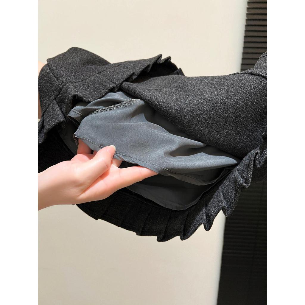 Plus Size Dark Grey Woolen Retro Pleated A-line Skirt for Women - Spring/Autumn