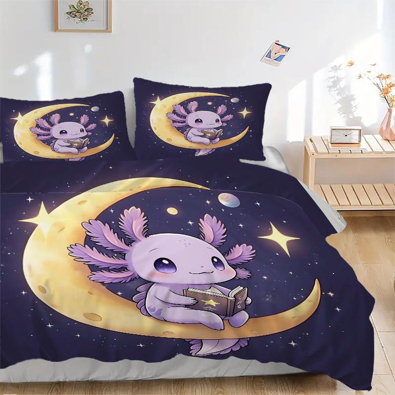 3pcs Cute Cartoon Purple Axolotl Printed Quilt Set - Soft and Comfortable Quilt Cover for Bedroom, Guest Room and Dormitory Decorative Beddi