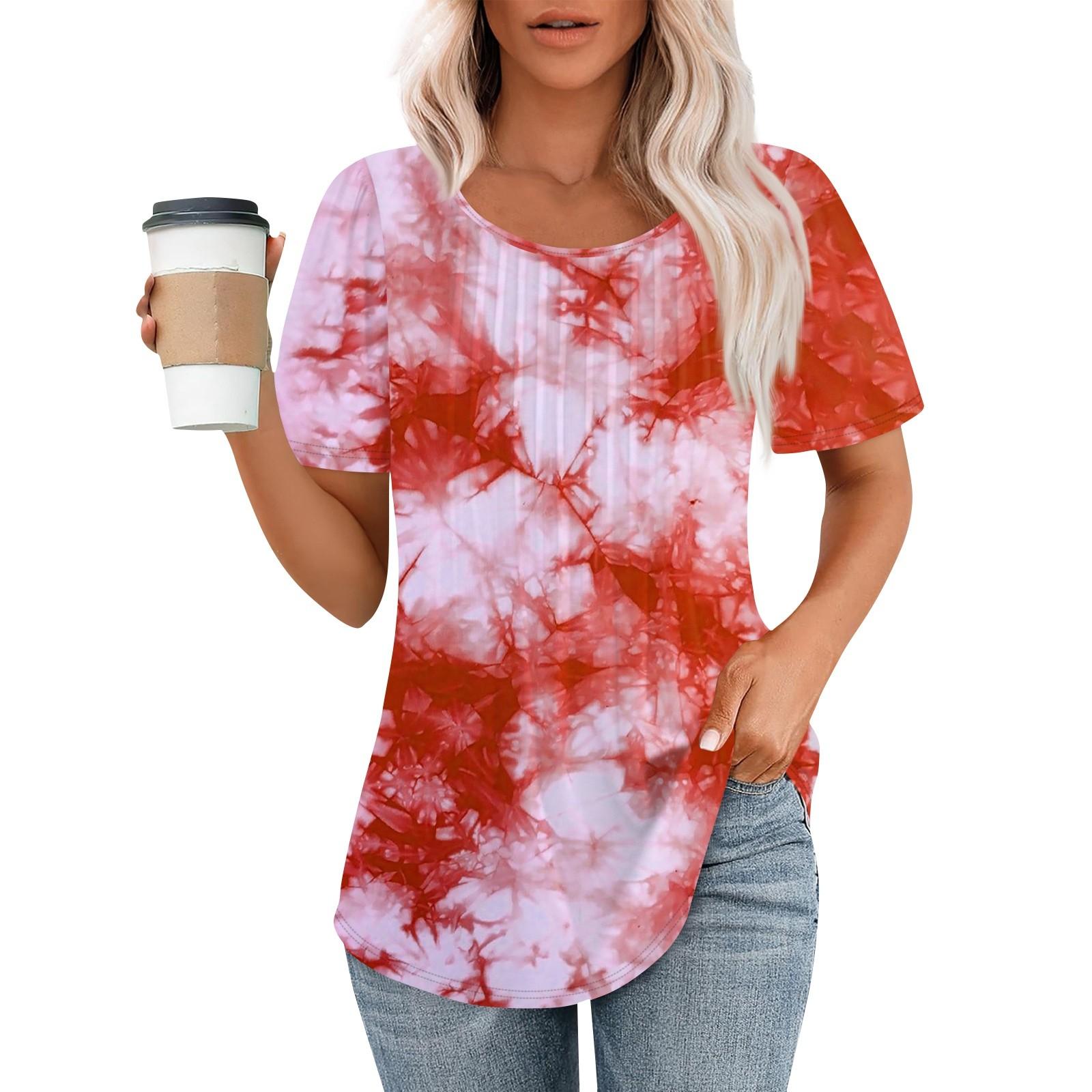 

Жіноча літня модна повсякденна плісирована футболка з круглим вирізом і принтом з короткими рукавами XL червоний