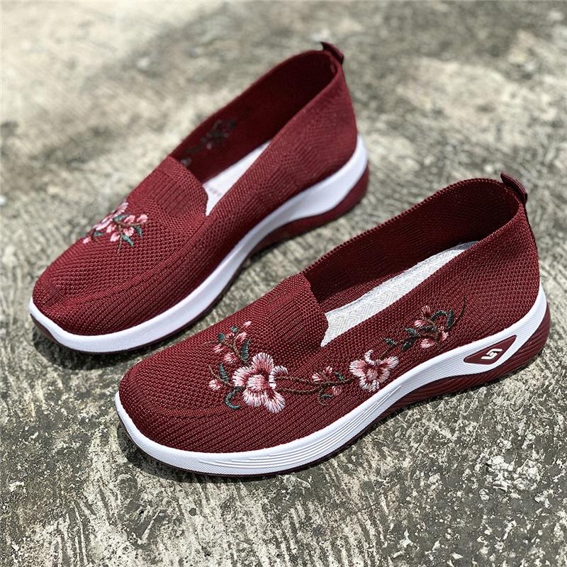 

Middle Aged Embroidery Mom Shoes Summer Knitted Mesh Flat Non Slip Breathable Casual Shoes 43 червоний