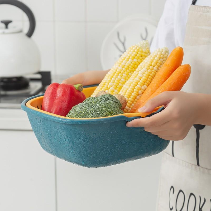 Double layer vegetable washing basin, drain basket, kitchen, fruit tray, living room, household vegetable basket, water filter