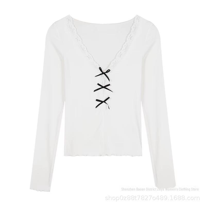 Cămașă de damă de primăvară, cu croială slim, cu fundă din dantelă, decolteu în V, mâneci lungi, din bumbac modal (260g)