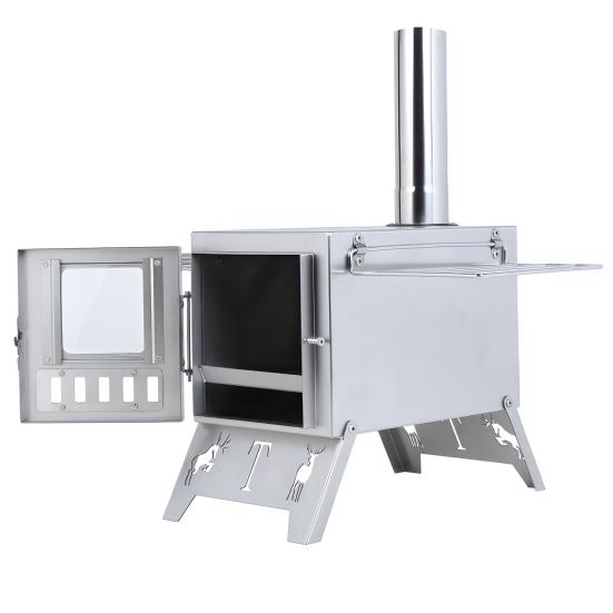 Wood Burning Stove with 5 Pipes Accessories, Visible Window Side Panels Heating Cooking Hot Tent Stove, Large Firebox Stainless Steel Stove for