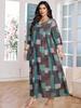 Plus Size V-Neck Floral Patchwork Dress - Women's Middle Eastern Style, Loose Fit, Three-Quarter Sleeve, Casual Vacation Wear