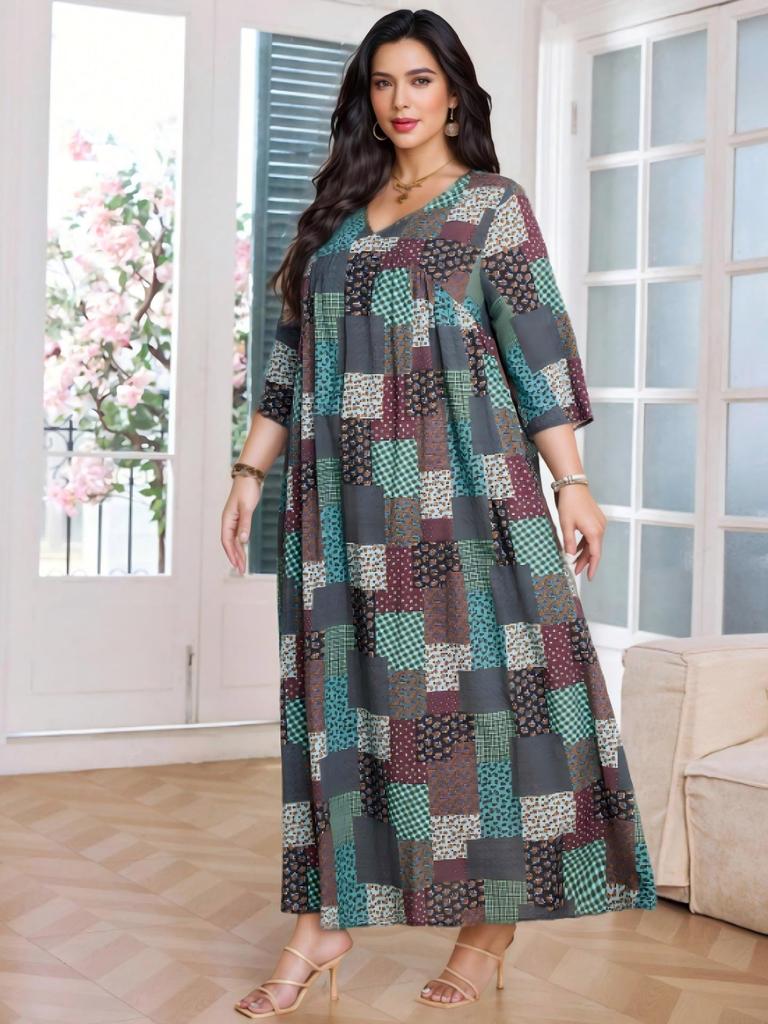Plus Size V-Neck Floral Patchwork Dress - Women's Middle Eastern Style, Loose Fit, Three-Quarter Sleeve, Casual Vacation Wear