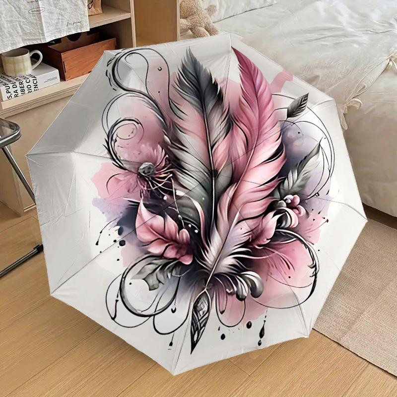 1PC Feathers Ink Umbrella-8-Rib Reinforced, Automatic Open, Lightweight & Durable, Cute Fashion Accessory for Outdoor-P29