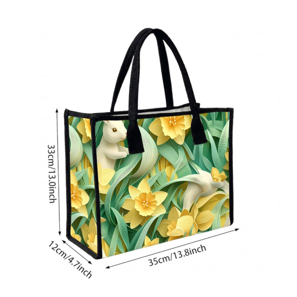  Spring Rabbit Floral Canvas Tote Bag Casual Large Capacity Shoulder Handbag for Daily Use