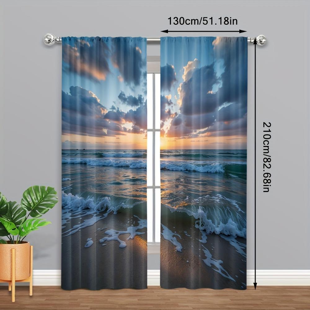 2pcs Tropical Beach Ocean Waves Curtains - Vibrant Sunset Print, Semi-Transparent Polyester, Machine Washable, Perfect for Bedro