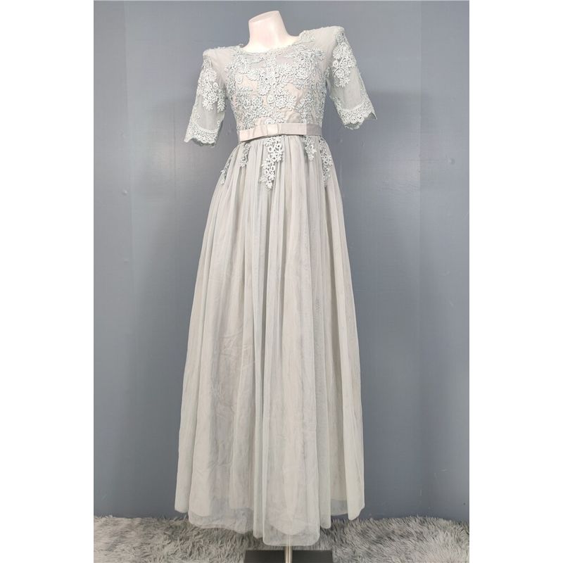 

Foreign Trade Order Summer New French style Exquisite Embroidery Mesh Patchwork Back Strap Big Hemline Dress Formal Dress Light gray XL