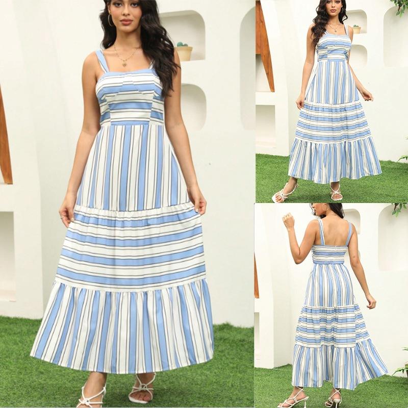 European and American New Women's Clothing Shoulder Strap Sleeveless Suspender Striped Layered Long Halter Dress