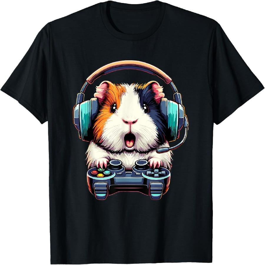 Funny Gaming Guinea Pig Gamer Headphone Playing Video Game T-Shirt S
