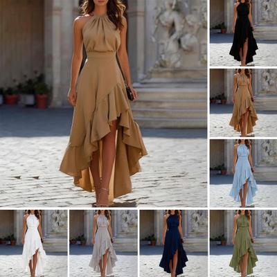 Women Cocktail Party Dress Halter Sleeveless Flowy Long Dress Ruffled Irregular High Low