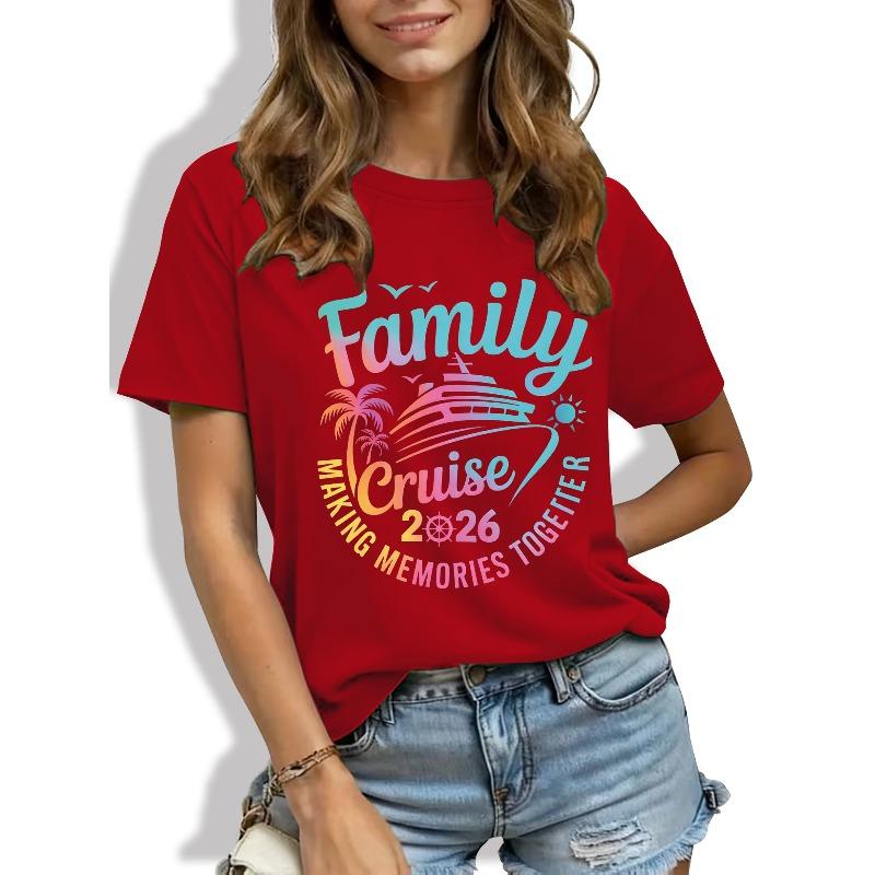 Women's Family Cruise Printed T-Shirt - Soft Machine-Washable Round Neck Top with Cruise-Themed Nautical Graphics,