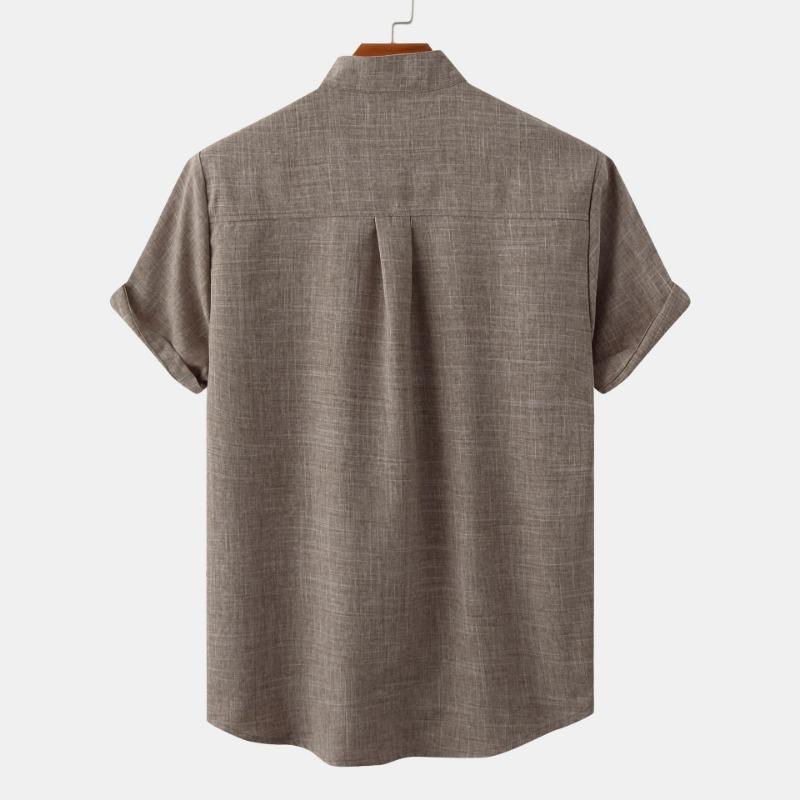 Men Stand Collar Half Placket Chest Pocket Short Sleeve Cotton Linen Shirt Solid Loose Breathable Casual Summer Blouse