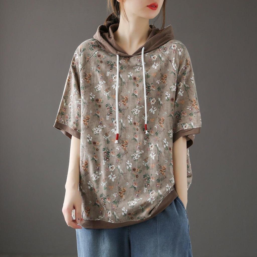 Μπλουζάκι Art Retro με κουκούλα με κοντό μανίκι για γυναικεία λεπτή και ευέλικτη μπλούζα πουλόβερ με λουλούδια