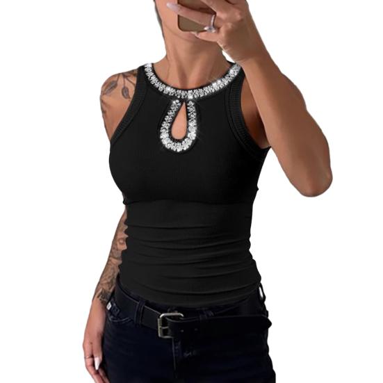 Women Vest Round Neck Sleeveless Shiny Sequin Decoration Tank Tops Hollow Design Slim Fit Camisole Daily Wear