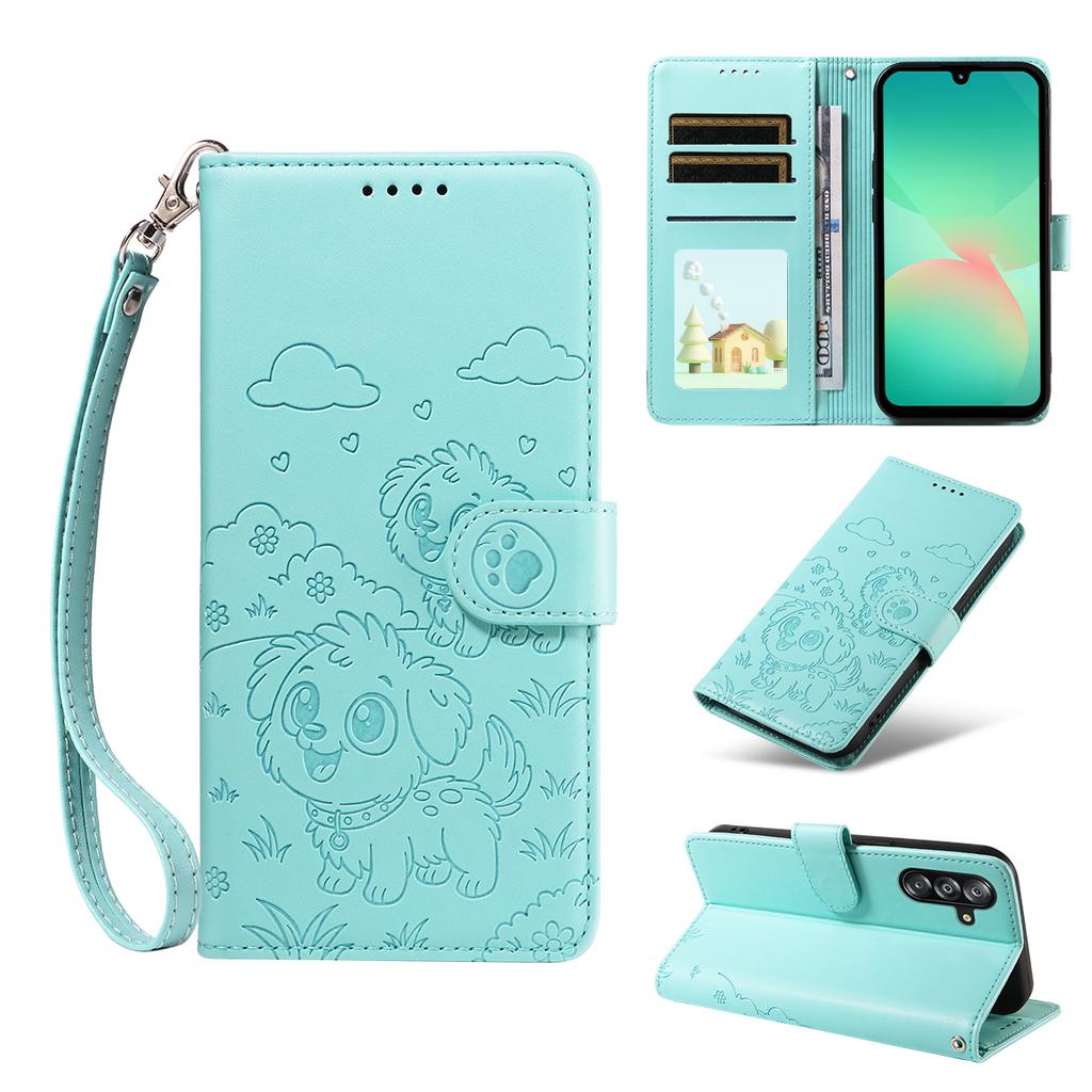 For Samsung Galaxy A16 4G/Galaxy A16 5G/Galaxy A26 5G/Galaxy A17 5G Case RFID Blocking Imprinted Dog Pattern PU Leather Phone Cover with Wrist Strap