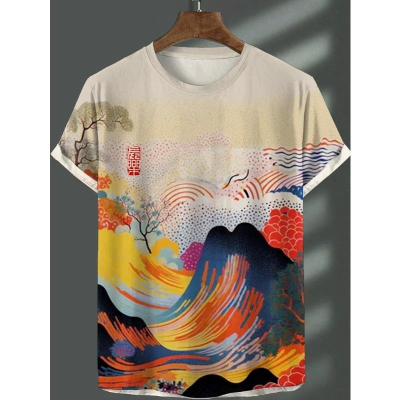 Herren Japanische Ukiyo-E Bedruckte T-Shirts Kurzarm Tees Tops 3D-Druck O-Ausschnitt Shirt Sommer Lässig Herrenbekleidung