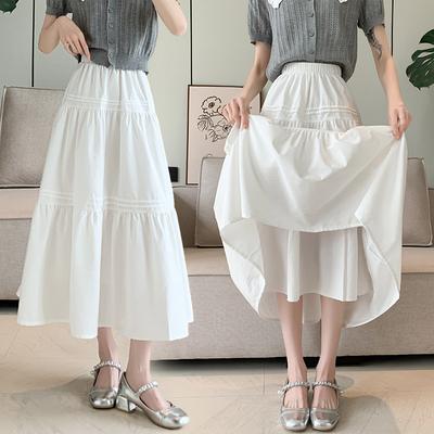 White Cake Skirt for Women with High Waist Slim and Versatile Skirt Elastic Waist Korean Gentle Style Sweet Midi Skirt